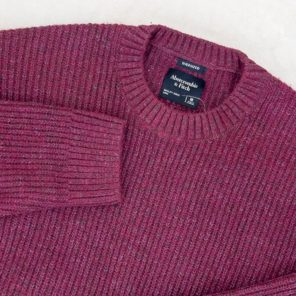 Abercrombie Fitch Oversized Crewneck Sweater Womens Medium Berry Burgundy Ribbed - Picture 1 of 10